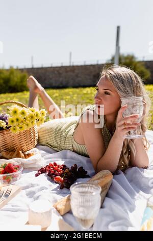 Weibchen liegt auf einer Decke mit Glaskelch in der Nähe von Erdbeeren in einer Schüssel und Trauben in der Nähe einer Flasche Wein in der Nähe von Baguette und Focaccia Stockfoto