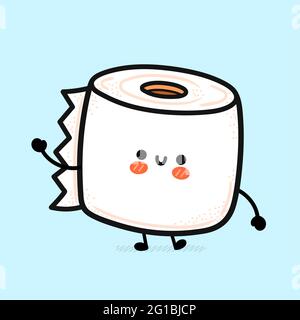 Nette lustige glückliche weiße Toilettenpapierrolle. Vektor Hand gezeichnet Cartoon kawaii Charakter Illustration Symbol. Lustige Karikatur Toilettenpapier Maskottchen Charakter Konzept Stock Vektor