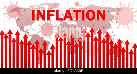 Abstrakter Inflationshintergrund mit roten Grafiken und der weltweiten Coronavirus-Pandemie. Arbeitslosigkeit und Inflation steigen aufgrund einer Pandemie Stockfoto