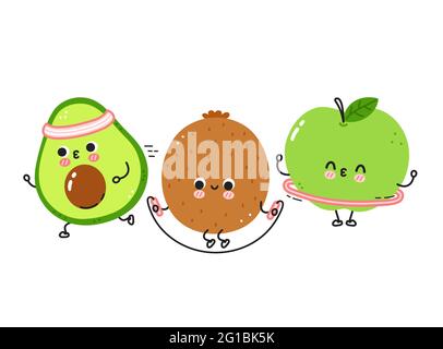 Niedliche lustige Früchte machen Gym Set Kollektion. Vektor flache Linie Cartoon kawaii Figur Illustration Symbol. Isoliert auf weißem Hintergrund. Awocado-, Apfel-, Kiwi-Workout-Charakter-Paket Stock Vektor