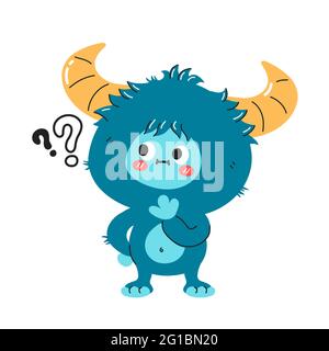 Niedliche lustige Yeti Monster Charakter mit Fragezeichen. Vektor Hand gezeichnet Cartoon kawaii Charakter Illustration Symbol. Isoliert auf weißem Hintergrund. Yeti, Bigfoot Baby Cartoon Charakter Konzept Stock Vektor