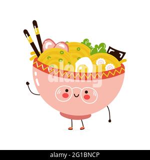 Niedliche lustige Ramen Schüssel Charakter. Vektor Hand gezeichnet Cartoon kawaii Charakter Illustration Symbol. Isoliert auf weißem Hintergrund. Ramen Schüssel Charakter Konzept Stock Vektor