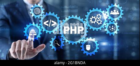 PHP-Codierungskonzept. Suche nach Programmierern. Technologiehintergrund. Stockfoto