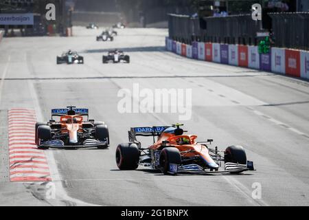 04 NORRIS Lando (gbr), McLaren MCL35M, 03 RICCIARDO Daniel (aus), McLaren MCL35M, Aktion während des Formel 1 Großen Preises von Aserbaidschan 2021 vom 04. Bis 06. Juni 2021 auf dem Baku City Circuit, in Baku, Aserbaidschan - Foto Antonin Vincent / DPPI / LiveMedia Stockfoto