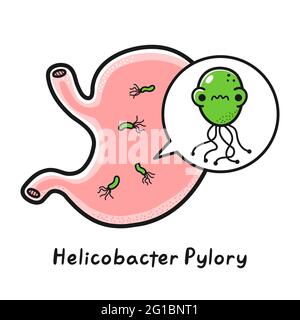 Menschliches Magenorgan mit Helicobacter pylori-Bakterien. Vektor Hand gezeichnet Cartoon kawaii Figur Illustration. Isoliert auf weißem Hintergrund. Kranker Magen mit Helicobacter pylori-Bakterien Stock Vektor