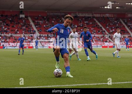 Middlesbrough, Großbritannien. Juni 2021. Jack Grealish aus England beim Internationalen Freundschaftsspiel zwischen England und Rumänien im Riverside Stadium am 6. Juni 2021 in Middlesbrough, England. (Foto von Daniel Chesterton/phcimages.com) Quelle: PHC Images/Alamy Live News Stockfoto