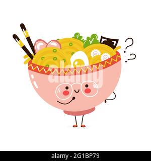 Niedliche lustige Ramen-Schale mit Fragezeichen. Vektor Hand gezeichnet Cartoon kawaii Charakter Illustration Symbol. Isoliert auf weißem Hintergrund. Ramen Bowl Think Konzept Stock Vektor