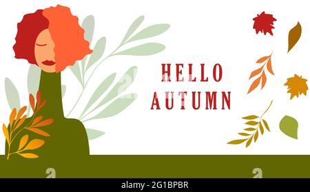 Hallo Herbst. Frau Porträt - Fall Symbol. Webbanner-Vorlage. Saisonale Einkaufsmöglichkeiten, Verkauf. Speicherplatz kopieren. Vektorgrafik auf weißem Hintergrund. Herbst Stock Vektor