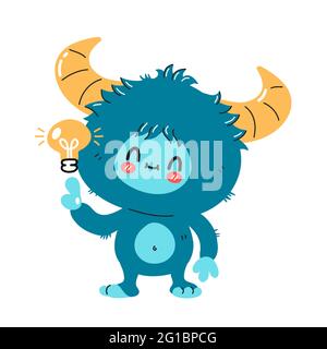 Niedliche lustige Yeti Monster Charakter mit Idee Glühbirne. Vektor Hand gezeichnet Cartoon kawaii Charakter Illustration Symbol. Isoliert auf weißem Hintergrund. Yeti, Bigfoot Baby Cartoon Charakter Konzept Stock Vektor