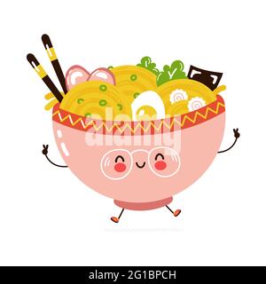 Niedliche lustige Ramen Schüssel Charakter. Vektor Hand gezeichnet Cartoon kawaii Charakter Illustration Symbol. Isoliert auf weißem Hintergrund. Ramen Schüssel Charakter Konzept Stock Vektor