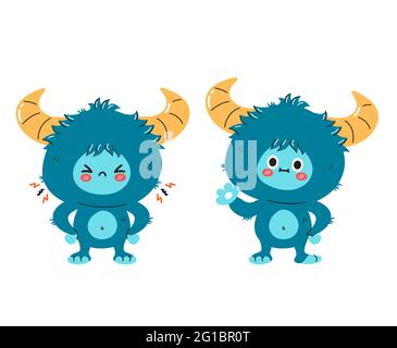 Nette lustige traurig und glücklich Yeti Monster Charakter. Vektor Hand gezeichnet Cartoon kawaii Charakter Illustration Symbol. Isoliert auf weißem Hintergrund. Yeti, Bigfoot Baby Cartoon Charakter Konzept Stock Vektor