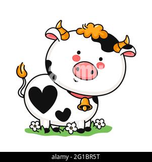 Niedliche lustige kleine Kuh auf der Wiese. Vektor Hand gezeichnet Cartoon kawaii Charakter Illustration Symbol. Isoliert auf weißem Hintergrund. Kuhtier Doodle Charakter Konzept Stock Vektor