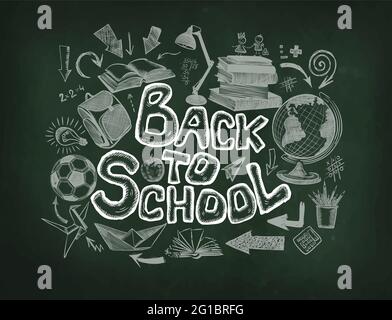 Zurück in die Schule . Kreidezeichnung auf einem Schulbrett. Satz von Schulartikeln. Vektorgrafik Stock Vektor