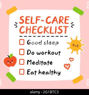 Nette lustige Self-Care-Liste zu tun, Checkliste. Vektor Hand gezeichnet Cartoon kawaii Charakter Illustration Symbol. Aufkleber für die Checkliste zur Selbstpflege, Karte, Posterkonzept Stock Vektor