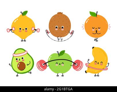 Niedliche lustige Früchte machen Gym Set Kollektion. Vektor flache Linie Cartoon kawaii Figur Illustration Symbol. Isoliert auf weißem Hintergrund. Avocado, Zitrone, Orange, Apfel, Kiwi, Banana Workout Charakter Bundle Stock Vektor