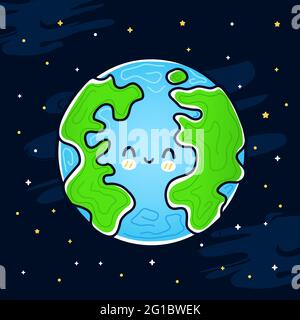 Niedlich lustig glücklich Lächeln Erde Planet im Weltraum. Vektor Hand gezeichnet Cartoon kawaii Charakter Illustration Symbol. Erde im Kosmos Maskottchen Charakter Konzept Stock Vektor