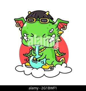Niedliche lustige Drachen Rauch Unkraut mit Bong. Vektor Hand gezeichnet Cartoon kawaii Figur Illustration. Isoliert auf weißem Hintergrund. Dragon Smoke Marihuana, Cannabis, Unkraut Charakter T-Shirt Print Konzept Stock Vektor