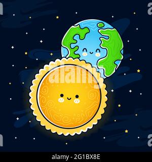 Nette lustige Sonne und Erde Planeten. Vektor Hand gezeichnet Cartoon kawaii Charakter Illustration Symbol. Sonne und Erde Maskottchen Charakter Konzept Stock Vektor