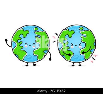 Nette lustige glücklich und traurig Erde Planeten. Vektor Hand gezeichnet Cartoon kawaii Charakter Illustration Symbol. Isoliert auf weißem Hintergrund. Planet Erde, Ökologie, Öko Maskottchen Charakter Konzept Stock Vektor