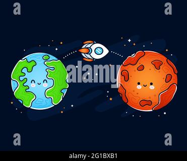 Nette lustige glücklich Mars und Erde Planeten. Rakete, Raumschiff fliegende Mission. Vektor Hand gezeichnet Cartoon kawaii Charakter Illustration Symbol. Weltraumforschung, Mars- und Erdplaneten-Charakterkonzept Stock Vektor