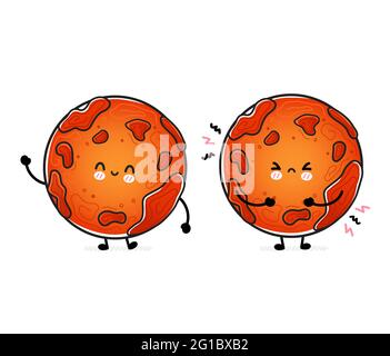 Nette lustige glücklich und traurig Mars-Planet. Vektor Hand gezeichnet Cartoon kawaii Charakter Illustration Symbol. Isoliert auf weißem Hintergrund. Weltraumforschung, Mars Planet Kosmos Charakter Konzept Stock Vektor