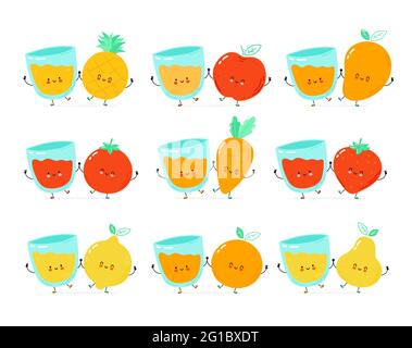 Süßes, glückliches Obst, Gemüse und Saftglas. Isoliert auf weißem Hintergrund.Vektor Cartoon Charakter handgezeichnete Stil Illustration. Birne, Erdbeere, Tomate, Apfel, Orange, Mango Cartoon Charakter Konzept Stock Vektor