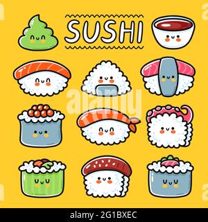 Nette lustige glücklich Sushi, Maki, Rollen Cartoon Charakter-Set-Sammlung. Vektor handgezeichnete Linie kawaii Zeichen Illustration Symbol. Cartoon kawaii niedliches Sushi, asiatisches Essen Restaurant Menükonzept Stock Vektor