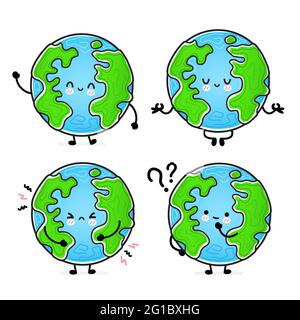Nette lustige glücklich Erde Planeten Set-Sammlung. Vektor Hand gezeichnet Cartoon kawaii Charakter Illustration Symbol. Isoliert auf weißem Hintergrund. Planet Erde, Ökologie, Öko Maskottchen Charakter Bundle Konzept Stock Vektor