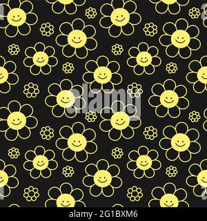 Niedliche lustige Lächeln Blumen auf schwarzem Hintergrund nahtlose Muster. Vektor flache Cartoon kawaii Figur Illustration Symbol Design. Positive Lächeln Blumen nahtlose Muster Konzept Stock Vektor