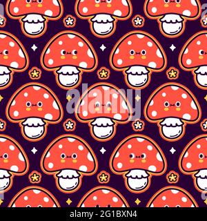 Niedliche lustige Amanita Pilz nahtlose Muster. Vektor flache Cartoon kawaii Figur Illustration Symbol Design. Tripy Amanita Pilz und Blumen nahtlose Muster Konzept Stock Vektor