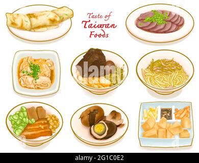 Taste of Taiwan Food Collection, digitale Malerei von Frühlingszwiebel Pfannkuchen Rindsrolle, geschnittenes Rindfleisch, Tee-Ei, stinkende Tofu Wonton, geschmorter Schweinefleischreis, Nicht getrocknet Stockfoto