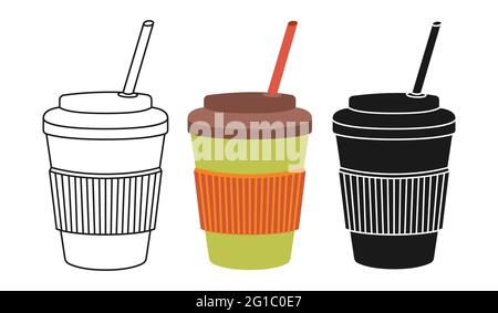 Kaffeetasse zu gehen Cartoon Set Line Symbol, schwarze Glyphe trendy Stil. Craft flache Tasse Koffein Drink Branding und Café Label Design, Einweg-Kaffee-Papierbecher Symbol Take Away Container. Vektorgrafik Stock Vektor