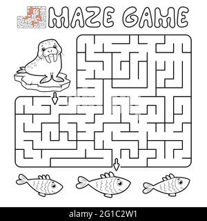Maze Puzzle-Spiel für Kinder. Skizzieren Labyrinth oder Labyrinth-Spiel mit Walross. Vektorgrafiken Stock Vektor