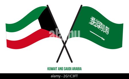 Kuwait und Saudi-Arabien Flaggen gekreuzt und winken Flat Style. Offizieller Anteil. Korrekte Farben. Stock Vektor