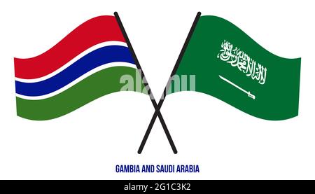 Gambia und Saudi-Arabien Flaggen gekreuzt und winken Flat Style. Offizieller Anteil. Korrekte Farben. Stock Vektor