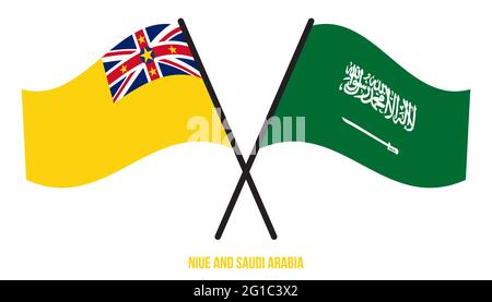 Niue und Saudi-Arabien Flaggen gekreuzt und winken Flat Style. Offizieller Anteil. Korrekte Farben. Stock Vektor