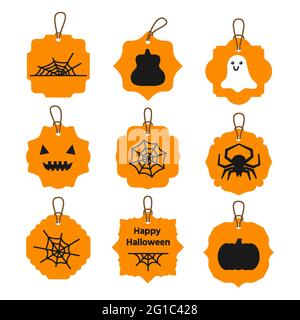 Sticker Set mit Spinne, Spinnweben Variationen, zwei Kürbis verschiedenen Formen, niedlichen weißen Geist, Schnauze, Gesicht. Aufkleber und Aufkleber. Vektor flach. Horror halloween Dekor orange Farbe. Gruselige Dekoration. Stock Vektor