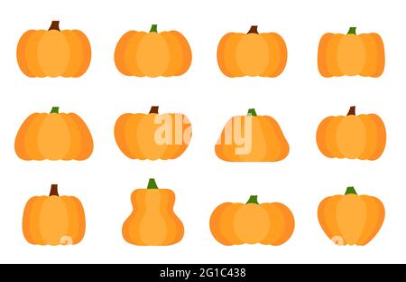 Glatte niedliche flache Kürbisse in verschiedenen Schattierungen orange Farbe mit braunen und grünen Schwänzen zur Dekoration isoliert auf weißem Hintergrund gesetzt. Herbsterntefeier. Designelement. Etiketten und Aufkleber Stock Vektor