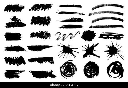Setzen Sie den schwarzen Pinselstrich. Pinsel, Tinte, Farben. Handgezeichneter Vektor. Runde, quadratische, spiralförmige Striche. Vintage-Grunge-Struktur. Blots, Linien, Flecken und Spritzer. Schmutzige Designelemente für Plakate und Verkäufe. Stock Vektor