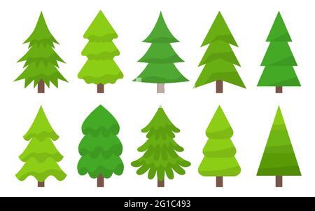 Bäume in warmen Grüntönen Vektor flach. Symmetrische Weihnachtsbäume in realen und abstrakten Formen. Fichte und Kiefer, Tanne. Grußkarte, Winterferien Weihnachten, Neujahr. Geschenkpapier. Stock Vektor