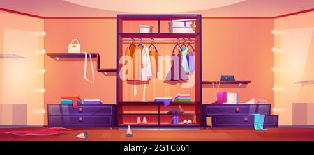 Moderner begehbarer Schrank mit Chaos, unordentliche Frauenkleidung und Schuhe auf den Regalen und dem Boden des Schrankes. Vector Cartoon Innenraum der leeren Garderobe für Bekleidungsaufbewahrung und Dressing mit großen Spiegeln und Kleiderbügeln Stock Vektor