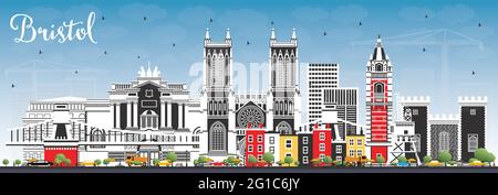 Skyline von Bristol UK mit farbigen Gebäuden und blauem Himmel. Vektorgrafik. Bristol England Stadtbild mit Wahrzeichen. Geschäftsreisen und Tourismus. Stock Vektor