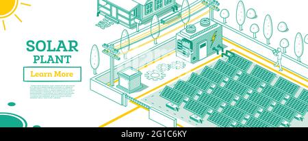 Gebäude Der Modernen Elektrizitäts-Solaranlage. Vektorgrafik. Isometrisches Konzept Für Erneuerbare Grüne Energie. Vektorgrafik. Nachhaltig. Stock Vektor