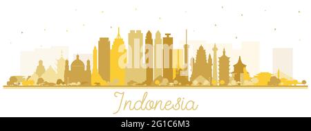 Indonesia Cities Skyline Silhouette mit goldenen Gebäuden isoliert auf Weiß. Vektorgrafik. Tourismuskonzept mit historischer Architektur. Stock Vektor