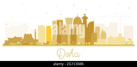 Doha Qatar City Skyline Silhouette mit goldenen Gebäuden isoliert auf Weiß. Vektorgrafik. Business Travel und Tourismus Konzept. Stock Vektor