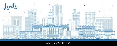 Umreißen Sie die Skyline von Leeds UK mit blauen Gebäuden. Vektorgrafik. Leeds Yorkshire Stadtbild mit Wahrzeichen. Business Travel und Tourismus Konzept Stock Vektor