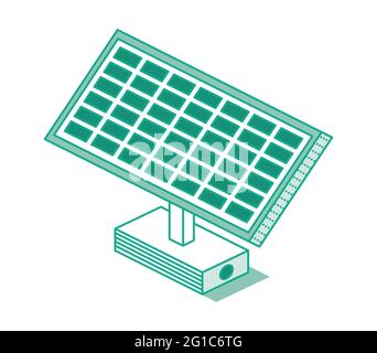 Isometrisches grünes Solarbatteriepanel isoliert auf weißem Hintergrund. Vektorgrafik. Erzeugung sauberer Energie. Infografik Umreißen. Stock Vektor