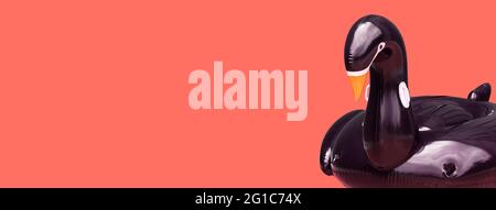 Minimalkonzept für den Sommer. Sommerbanner mit schwarzem aufblasbarem Schwan-Schwimmring auf orangefarbenem Hintergrund mit Kopierfläche. Ride-on-Badewasser-Donut mit bir Stockfoto