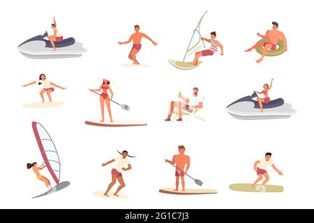 Ein Haufen Wassersportler. Männer und Frauen reiten auf den rauschenden Wellen oder schweben auf dem Paddelbrett. Glückliche Zeichen auf weißem Hintergrund isoliert Stock Vektor