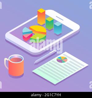 Mobile Analytics Konzept flache Vektor-Illustration. Isometrisches Smartphone mit Kreisdiagramm und Balkendiagramm auf dem Bildschirm. Stock Vektor